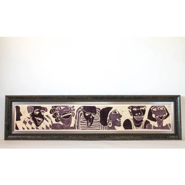 Long vintage mixed media wall hanging. Features sketched and painting figures. Sign by artist. Some age wear to wood frame.