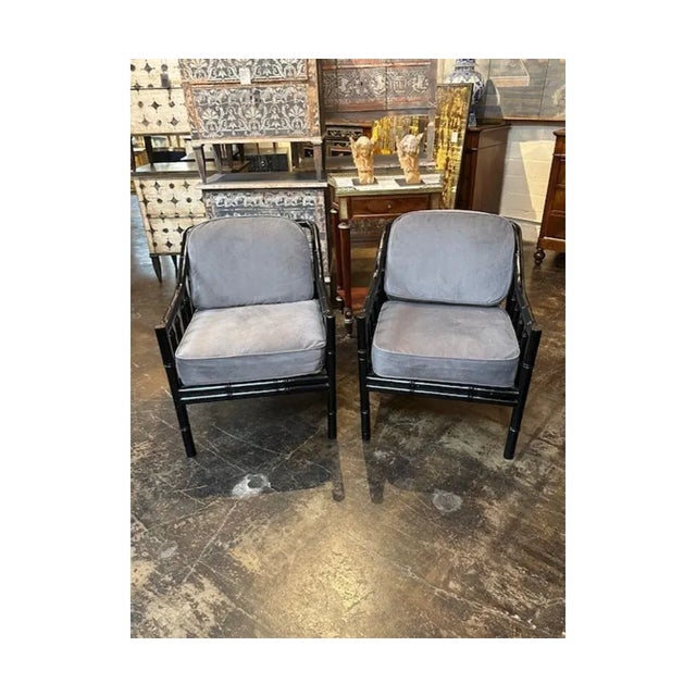 Pair of Mid-Century Black Lacquered Bamboo Armchairs For Sale - Image 4 of 5