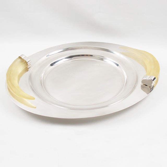 Contemporary Prata Wolff Silver Plate Platter Tray Centerpiece with Lucite Horn Handles For Sale - Image 3 of 8