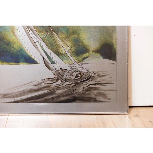 Mid-Century Modern Vintage Framed Sailboat Metal Wall Art by Rene For Sale - Image 3 of 7
