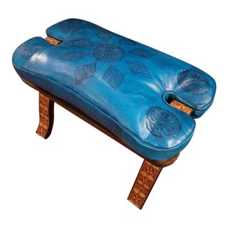 Moroccan Camel Saddle Teal Cushion Leather Wooden Base Stool For Sale