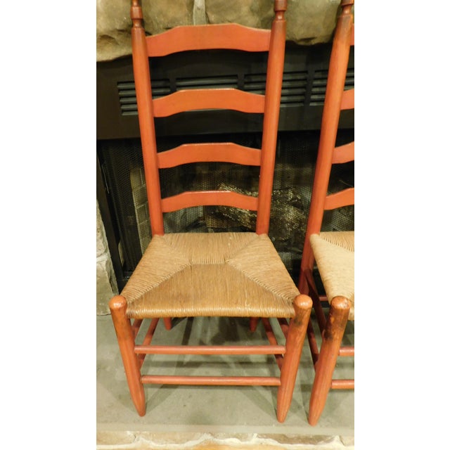 1920s Pair of Red Ladderback Chairs With Rush Seats For Sale - Image 4 of 18