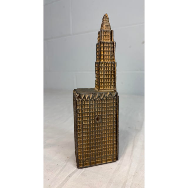 Metal Antique 1910 Gold Tone Cast Iron Still Coin Penny Bank Woolworth Building Kenton For Sale - Image 7 of 10