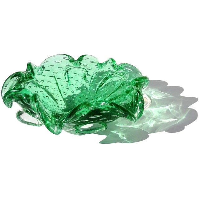 Mid-Century Modern Vintage Murano Green Controlled Bubbles Italian Art Glass Flower Shaped Decorative Ashtray Bowl For Sale - Image 3 of 7