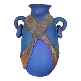1980s Studio Art Pottery Raku Amphora Vase in Iridescent Cobalt Blue For Sale