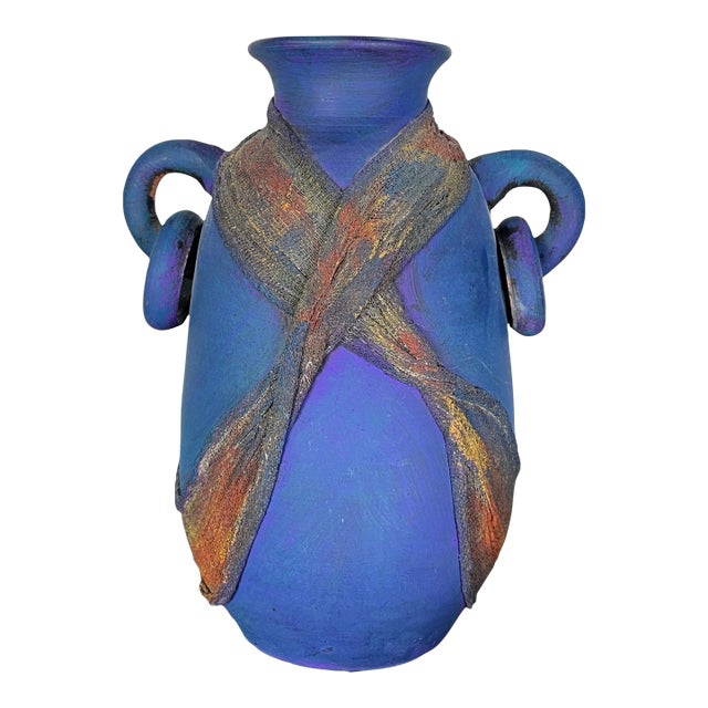 1980s Studio Art Pottery Raku Amphora Vase in Iridescent Cobalt Blue For Sale