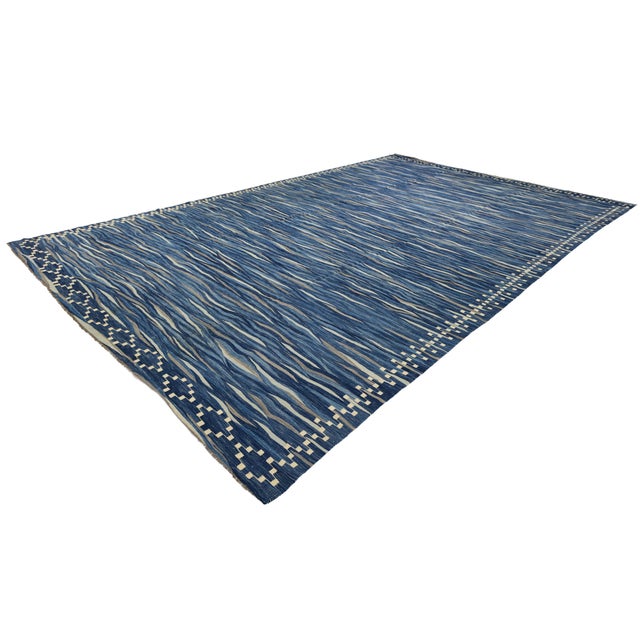 Contemporary Handmade Oceanic Blue Wave Kilim Wool Area Rug Luxury Flat-Weave For Sale - Image 11 of 12