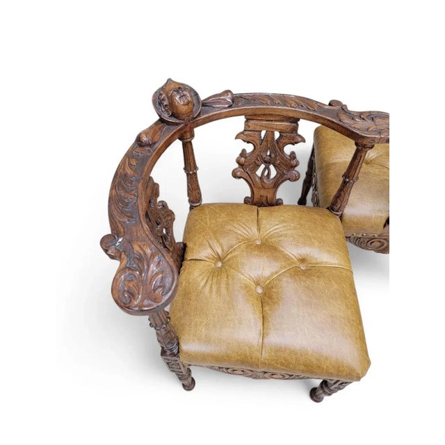 Wood Antique Italian Renaissance Revival Carved Tufted Tete-a-Tete Settee Newly Reupholstered in Leather For Sale - Image 7 of 10