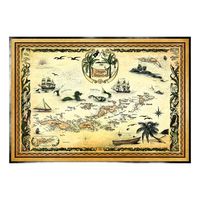 Hand-Drawn Virgin Islands Nautical Chart - 30" X 44" Framed Canvas For Sale