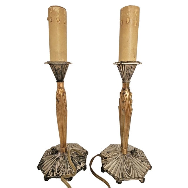 Share Pair of 1920s Art Deco Bronze Candle Lamps Skyscraper Base, Nickel & Gold Plated For Sale In Los Angeles - Image 6 of 18
