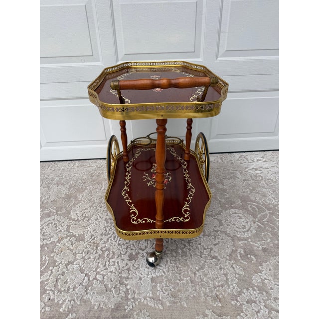 Brown Mid-Century Traditional Wood and Brass Tea Cart With Floral Detail For Sale - Image 8 of 14