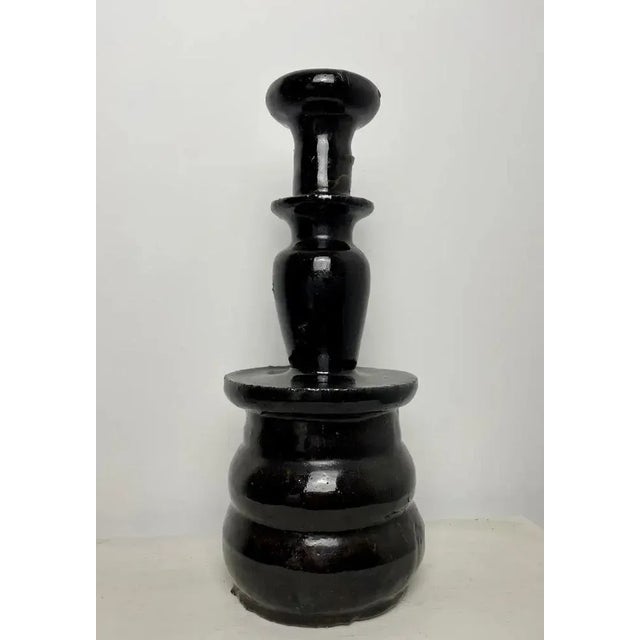 Large Chinese Altar Candleholder in Black Enameled Ceramic, 19th Century For Sale - Image 3 of 11