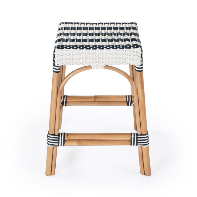 Spritely Home Accent Furniture Robias 24.5 in. Seat Height Rectangular Rattan Backless Counter Stool with Footrest, White/Navy Stripe/ Natural Rattan Frame For Sale - Image 4 of 9