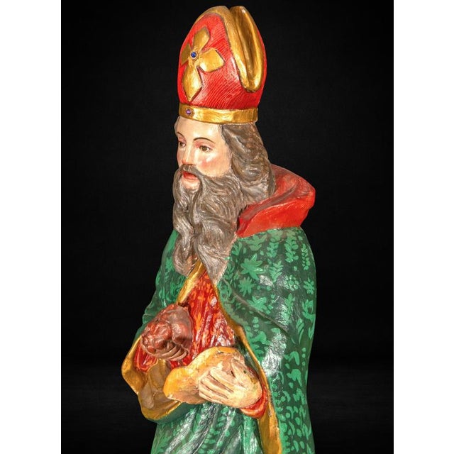 Mid 18th Century Peruvian Colonial Artist, Polychromed Sculpture of Saint Urban I, 1750, Wood For Sale - Image 5 of 9