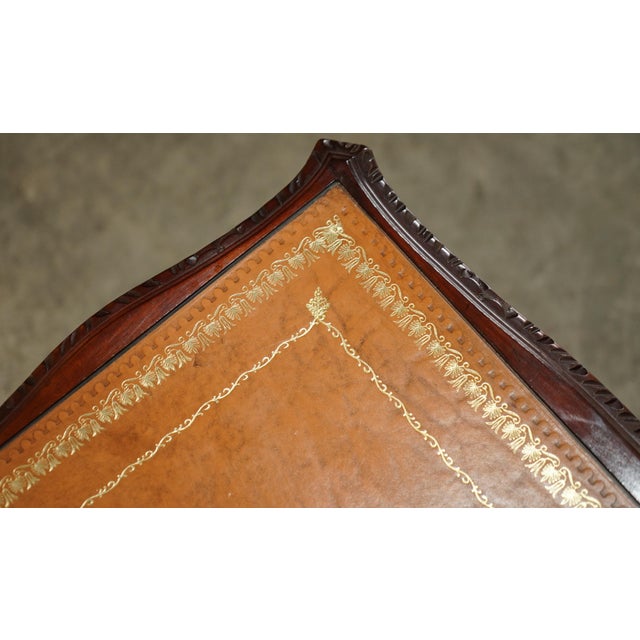 Vintage Gold Leaf Embossed Nesting Tables with Brown Leather Tops, Set of 3 For Sale - Image 9 of 18