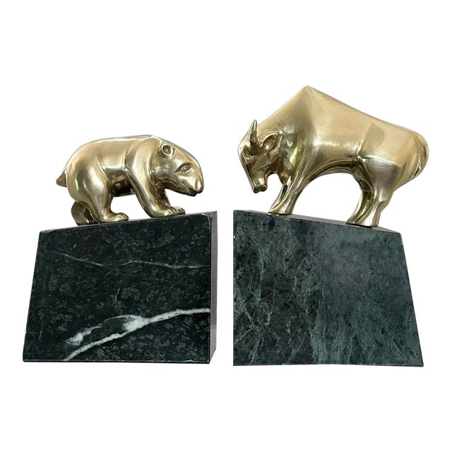 Brass Bull and Bear Book Ends MCM Brass Wall Street Book Holders - A Pair For Sale