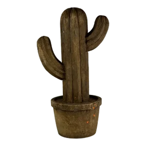 Late 19th Century Antique Folk Art Hand-Carved of Single Piece of Wood Potted Cactus Sculpture