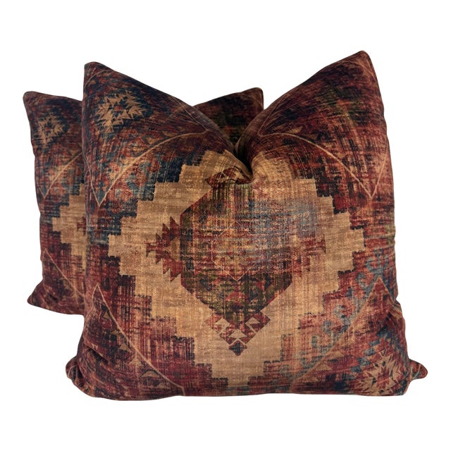 Ikat Velvet in Wine/Navy 22" Pillows-a Pair For Sale