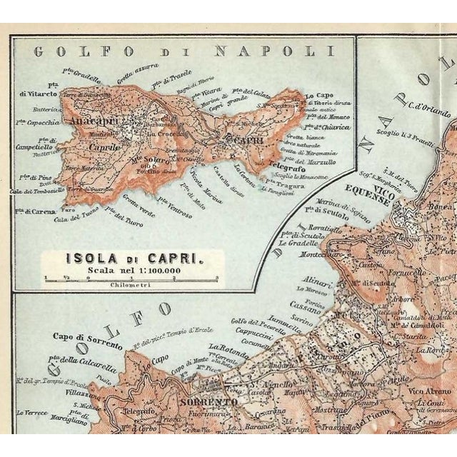 Circa 1900 map of the Sorrento Peninsula with Capri inset. Combined shipping available, please inquire.