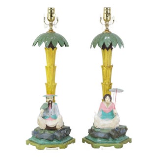 Vintage Hand-Painted Chinoiserie Tole Palm Tree and Figurine Table Lamps - a Pair For Sale