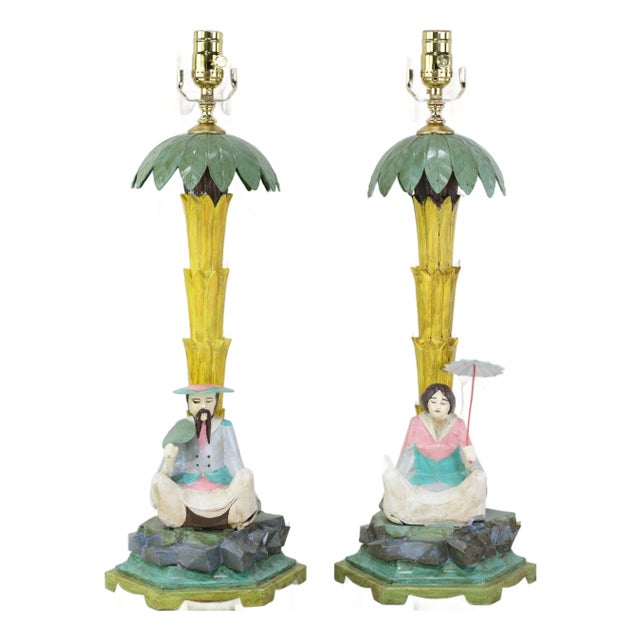 Vintage Hand-Painted Chinoiserie Tole Palm Tree and Figurine Table Lamps - a Pair For Sale