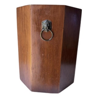 Vintage Wood Trash Can Wastebasket Umbrella Stand Lion Head Decor…. For Sale
