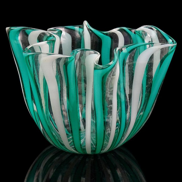 Beautiful vintage Murano hand blown Filigrana stripes Italian art glass mini decorative fazzoletto handkerchief vase....