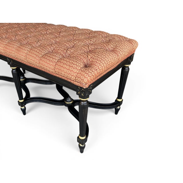 1960s Louis XVI Style Ebonized Bench With Tufted Coral Jacquard Upholstery For Sale - Image 10 of 10