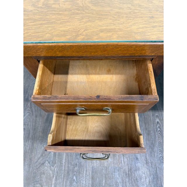 Brown Antique American Arts & Crafts Mission Tiger Oak Executive Desk Partner Desk For Sale - Image 8 of 17