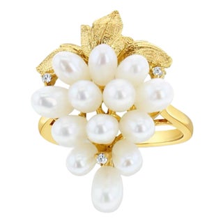 Freshwater Pearl Grape Cluster Cocktail Ring with Small Diamonds 14k Yellow Gold, Size 3 For Sale