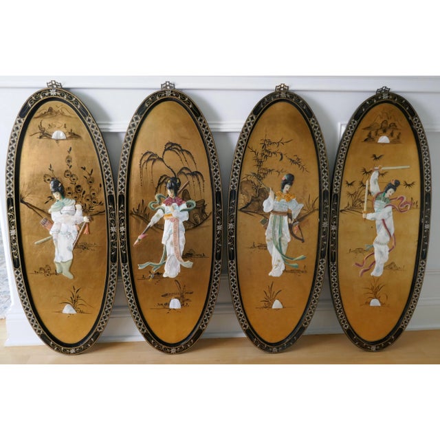 Mid 20th Century Chinoiserie Black Lacquer Gold Gilt Asian Art Panels Wall Decors- Set of 4 For Sale - Image 4 of 13