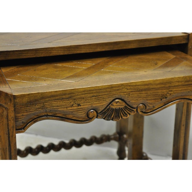 Brown Vintage Baker Barley Twist Oak Parquetry Inlay Nesting Step Lamp Side Tables For Sale - Image 8 of 15