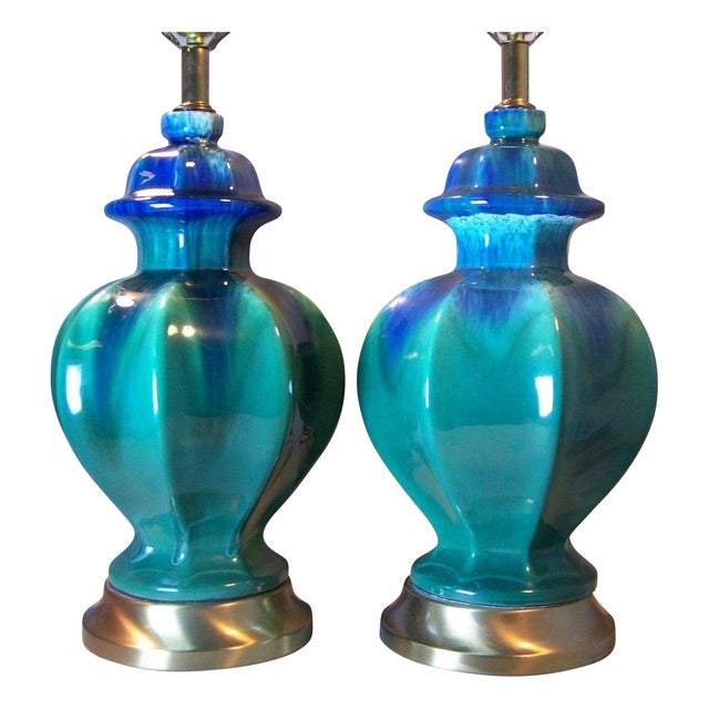 MidCentury Green Drip Glaze Lamps A Pair Chairish
