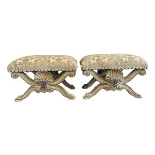Pair of Italian Venetian Baroque Curule Stools - Hand - Carved Silvered Gilt For Sale