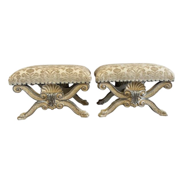 Pair of Italian Venetian Baroque Curule Stools - Hand - Carved Silvered Gilt For Sale
