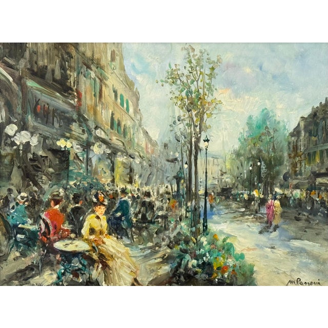 Parisian Café Terrace Street Street with Figures 20th Century Post-Impressionism 1975 Circa For Sale - Image 12 of 16
