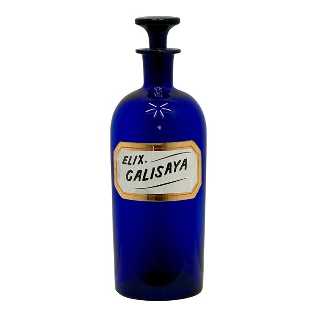 Beautiful & Rare Large Size Antique Cobalt Blue Glass Elixer of Calisaya Apothecary Bottle Circa Mid 19th Century For Sale