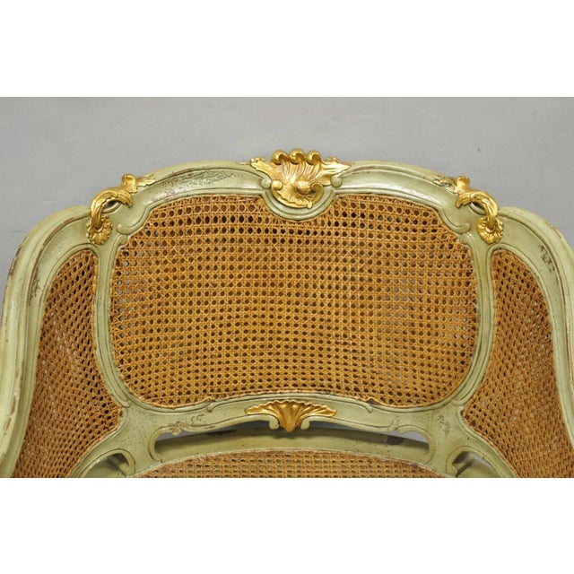 Vintage French Louis XV Style Green Painted Gold Gilt Cane Bergere Arm Chair For Sale - Image 4 of 17