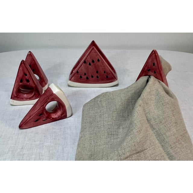 1980’s Trompe-l'Oeil Ceramic Watermelon Wedge Napkin Rings and Holder- Set of 5 For Sale In Palm Springs - Image 6 of 9