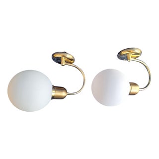 Vintage Wall Lamps with Brass Frame and Opaque White Glass Ball, 1990s, Set of 2 For Sale