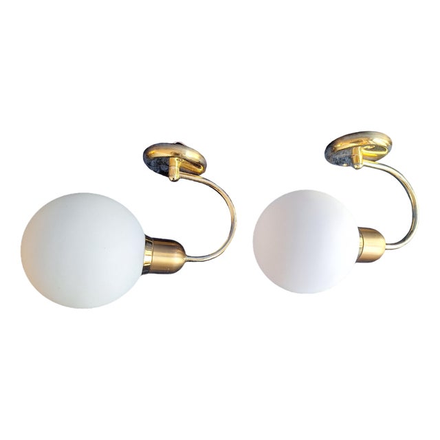 Vintage Wall Lamps with Brass Frame and Opaque White Glass Ball, 1990s, Set of 2 For Sale
