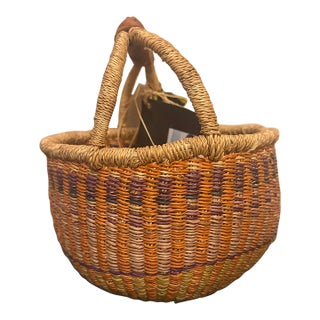 Contemporary African Artisanal Handwoven Wicker & Leather Storage Market Basket For Sale