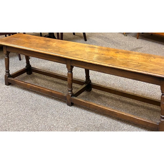 Antique English Oak Full Width Refectory Bench With Generous Seating c.1920 For Sale - Image 9 of 11