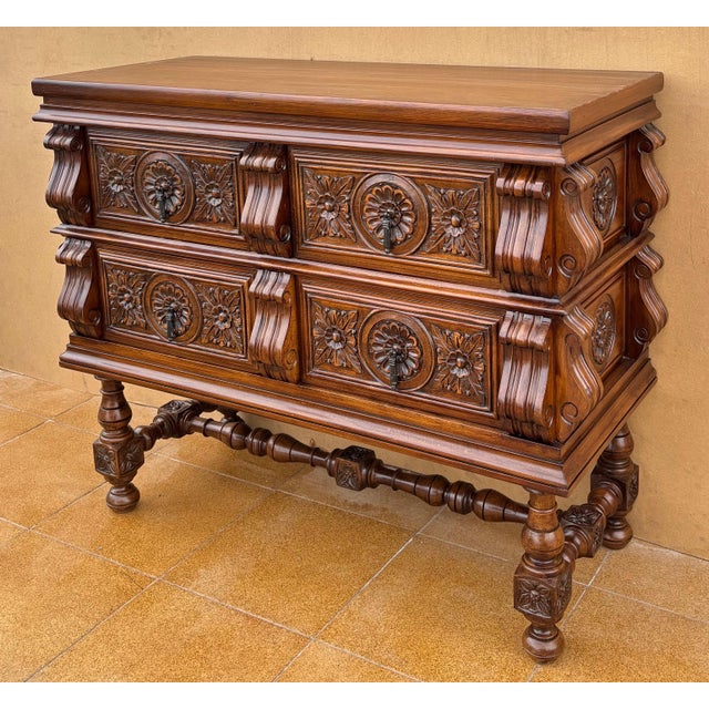 Wood Spanish Baroque Style Carved Walnut Chest of Drawers, 1940s For Sale - Image 7 of 12
