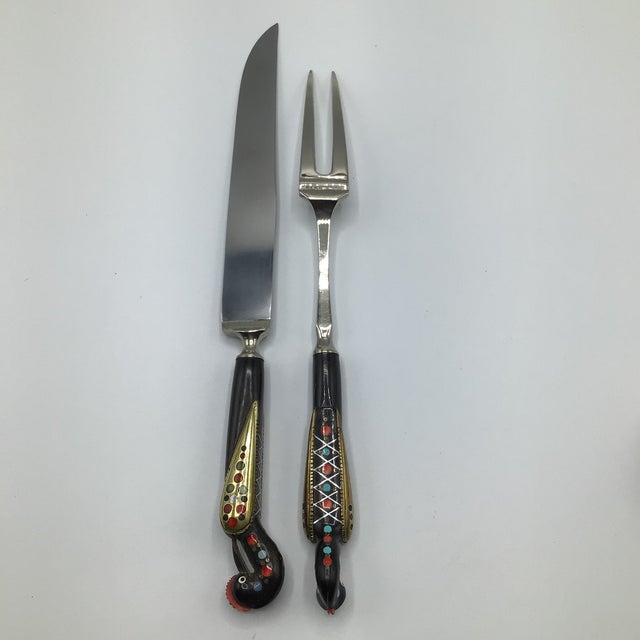 Vintage Alfred Haddad Jezzine Lebanese Phoenix Bird Carved With Inlay Flatware Set of 10