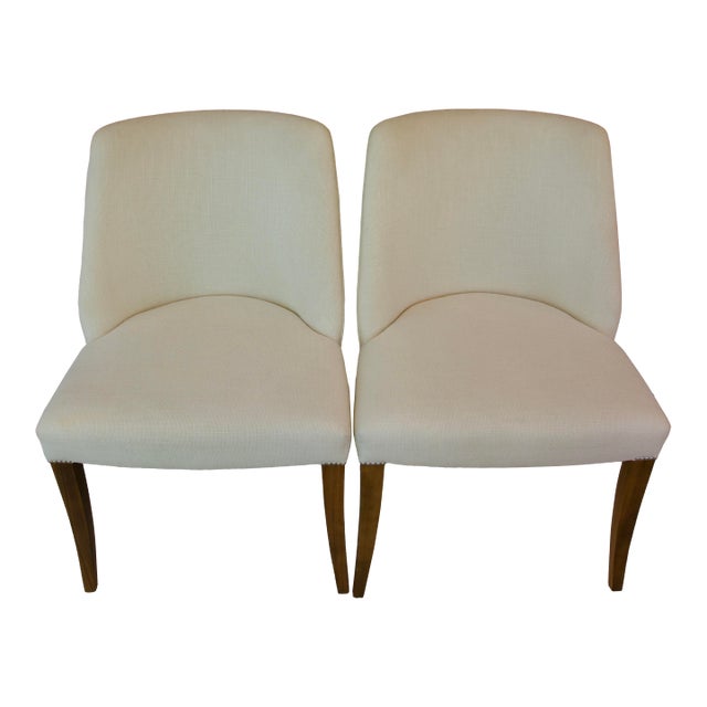 Pair of Bright Chair Maria Side Chairs in Jane Churchill Darwin Cream With Natural Walnut Legs For Sale