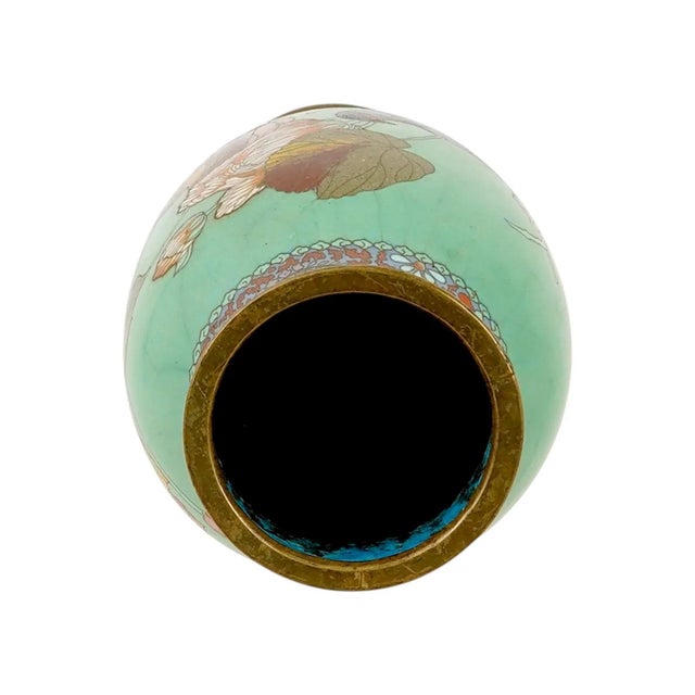 Japanese Cloisonne Enamel Vase Meiji Period Green Ground Bird Floral For Sale - Image 4 of 7