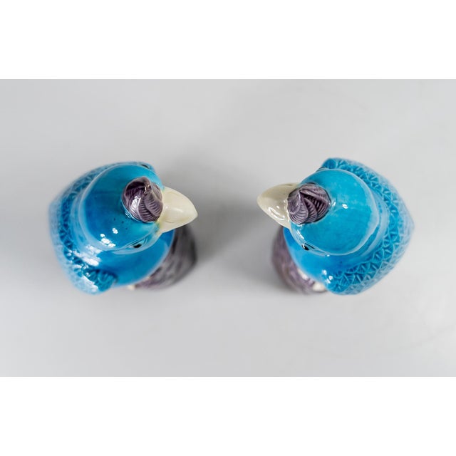 Teal 20th Century Pair of Chinese Chinoiserie Turquoise Blue and Purple Parrot Figures For Sale - Image 8 of 13