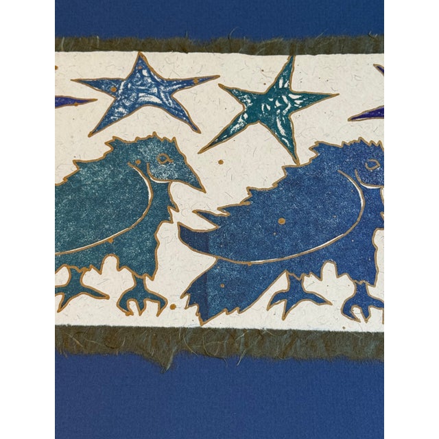 Blue Signed Monoprint Collograph Laurel W. Carnahan ”Ruffled Feathers" Framed For Sale - Image 8 of 12