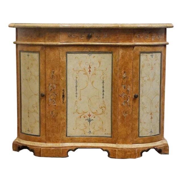 Neiman Marcus Hand Painted Italian Neoclassical Tuscan Style 42" Serpentine Console Cabinet For Sale